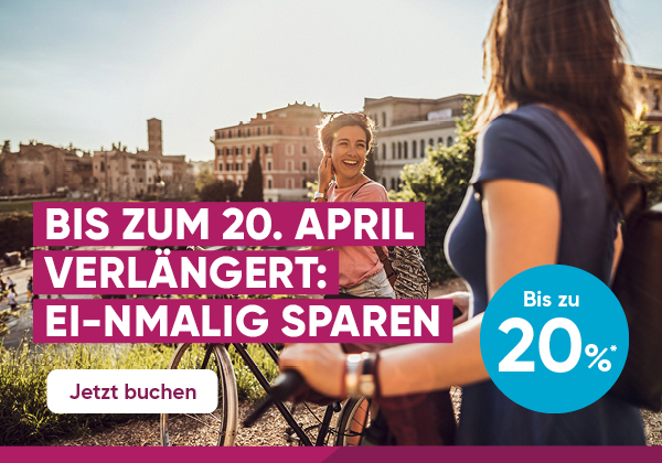 Zwei Frauen mit FahrrÃ¤dern in Rom â€“ 20 % Rabatt auf FlÃ¼ge zu Ostern.