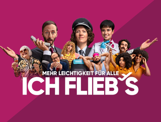 KapitÃ¤nin, Purser, Flugbegleiterin und verschiedene FluggÃ¤ste mit dem Claim Mehr Leichtigkeit fÃ¼r alle - ich flieb's.