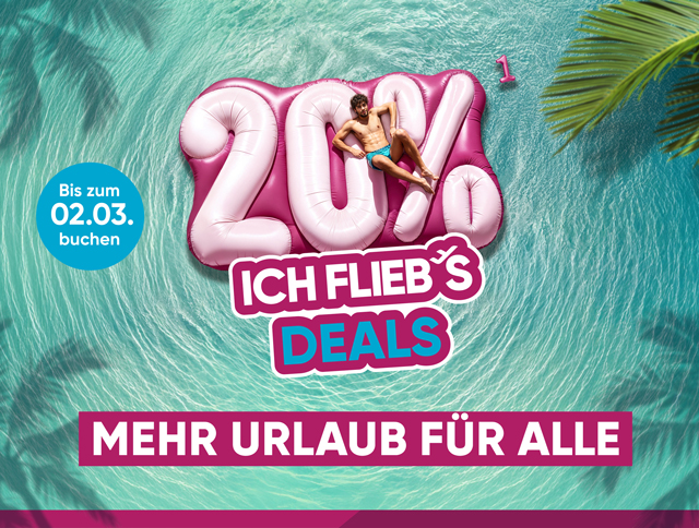 Mann treibt auf einer 20% Luftmatratze auf dem Meer. Mehr Urlaub fÃ¼r alle - jetzt buchen.