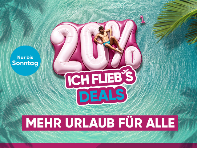 Mann treibt auf einer 20% Luftmatratze auf dem Meer. Mehr Urlaub fÃ¼r alle - jetzt buchen.