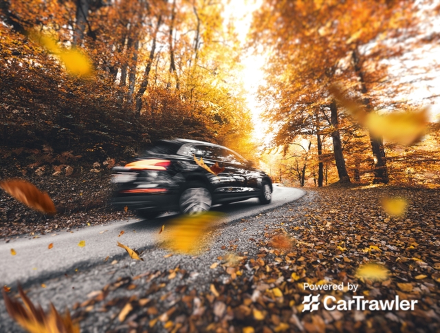 Auto fÃ¤hrt durch eine Herbstlandschaft. Jetzt Mietwagen buchen.