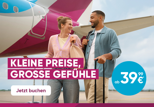 Ein Mann und eine Frau stehen mit Koffern vor einem Eurowings-Flieger. Jetzt buchen.